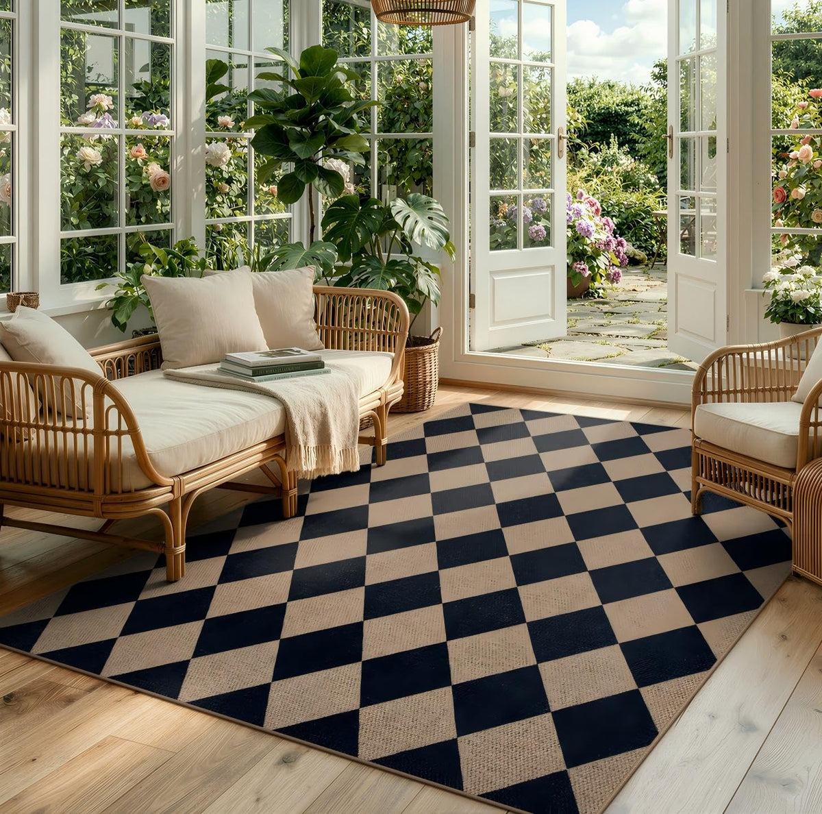 Lahome Checkered Easy Jute 3x5 Entryway Front Porch Rug, Black Diamond Indoor Outdoor Patio Layering Rug, Washable Farmhouse Neutral Non Slip Non Shedding Door Carpet for Backyard Blacony