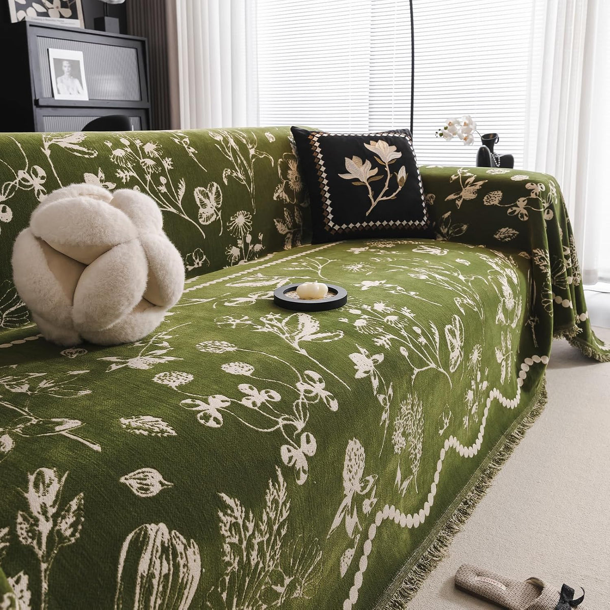DREAMINGO Green Floral Couch Cover Farmhouse Botanical Jacquard Sofa Covers for 3 Cushion Couch Cozy Chenille Living Room Furniture Futon Sectional Sofa Slipcovers Washable, X-Large 71"x134"