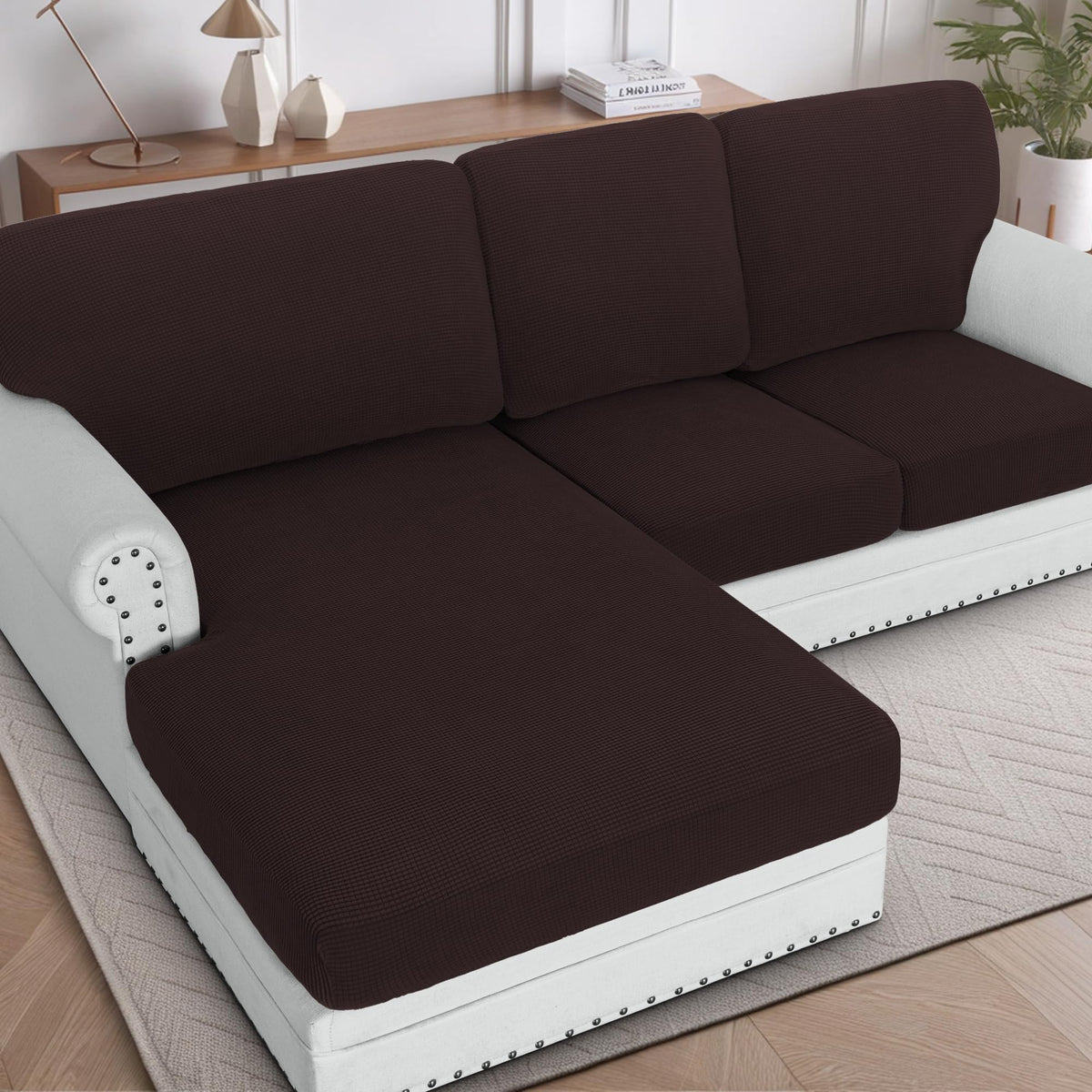 H.VERSAILTEX Sectional Couch Covers 8 Pieces Stretch Sofa Covers for Sectional Sofa Set Separate L Shaped Couch Cover for Both Left/Right Couch (Seat and Back: 1 Chaise + 3 Sofa, Ivory)