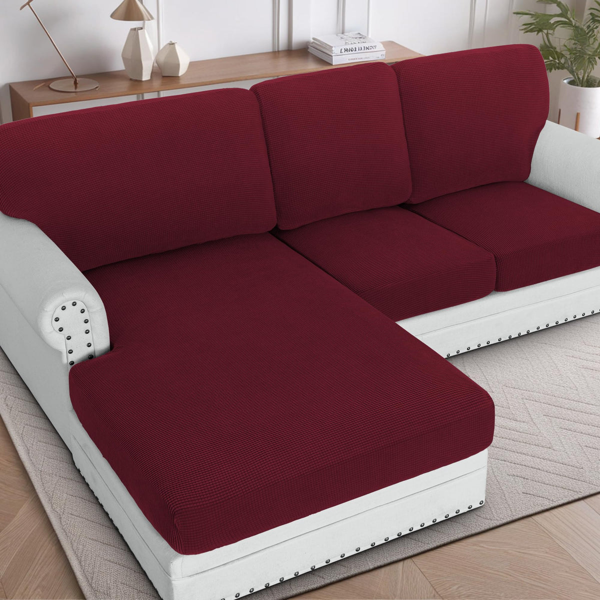 H.VERSAILTEX Sectional Couch Covers 8 Pieces Stretch Sofa Covers for Sectional Sofa Set Separate L Shaped Couch Cover for Both Left/Right Couch (Seat and Back: 1 Chaise + 3 Sofa, Ivory)