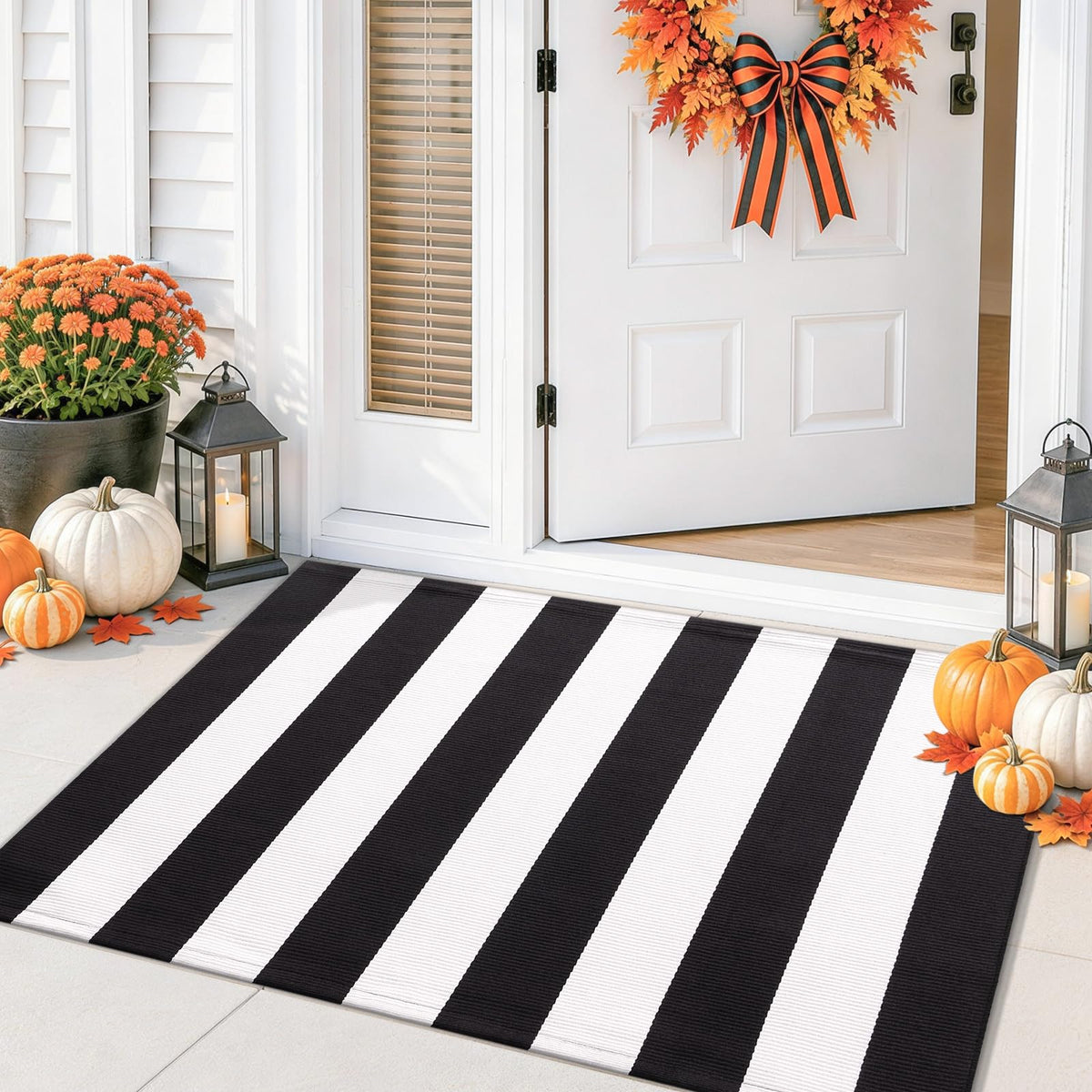 Smiry Black and White Striped Entryway Rug, Front Door Mat and Porch Decor