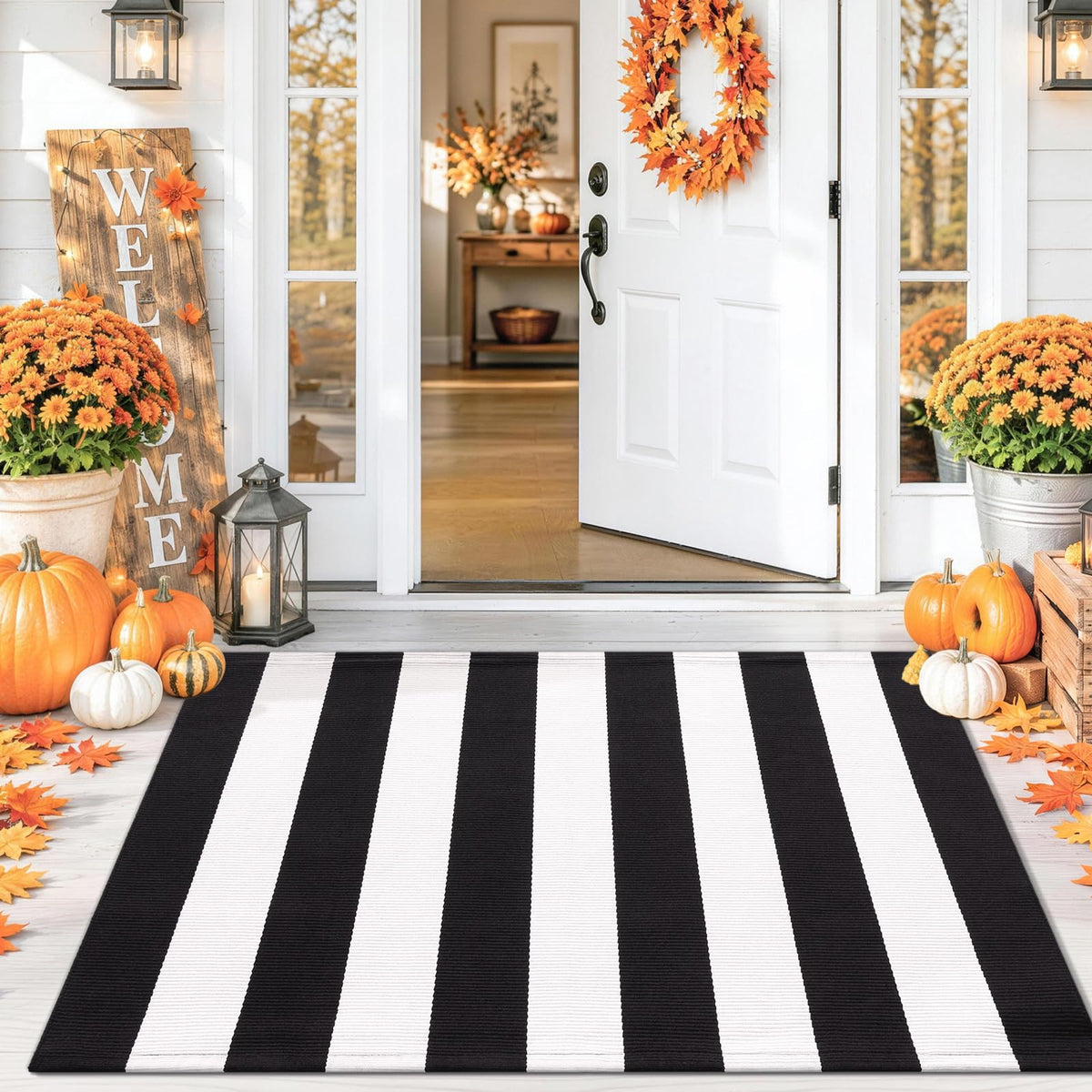 Smiry Black and White Striped Entryway Rug, Front Door Mat and Porch Decor