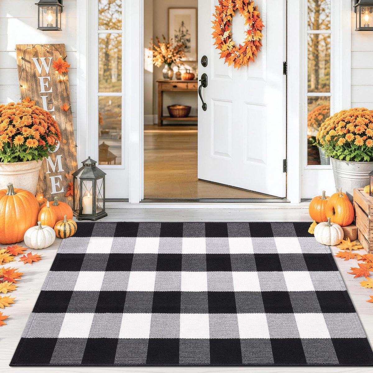 Smiry Black and White Striped Entryway Rug, Front Door Mat and Porch Decor