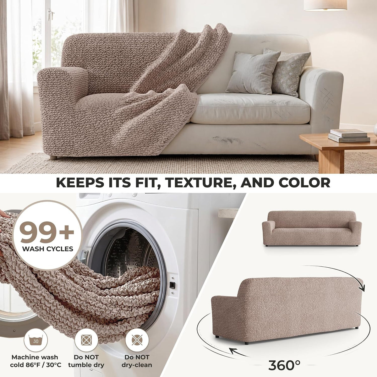 Premium Stretch Couch Covers for Sofa - Sofa Chair Cover Washable, Dogs & Pets Friendly - Elastic Polyester Loveseat Slipcovers - Non-Slip Love Seat Couch Covers - Soft Taupe (86"-120" Wide)