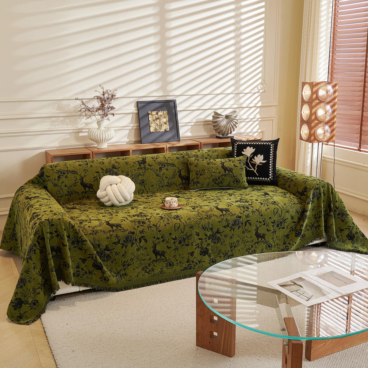 DREAMINGO Green Floral Couch Cover Farmhouse Botanical Jacquard Sofa Covers for 3 Cushion Couch Cozy Chenille Living Room Furniture Futon Sectional Sofa Slipcovers Washable, X-Large 71"x134"