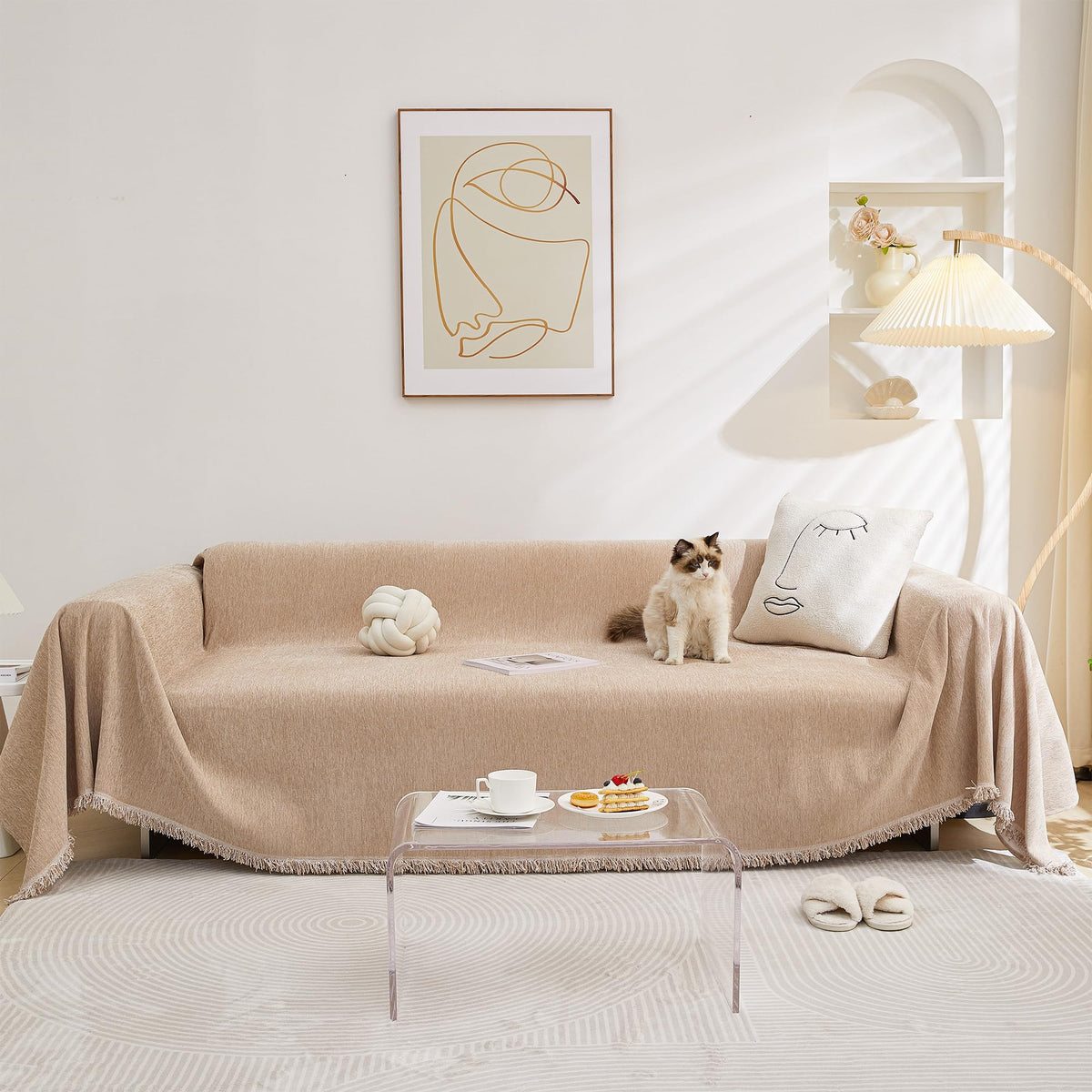 MEETSKY Couch Cover Sofa Covers Couch Covers for 3 Cushion Couch Sofa Pet Friendly, L Shaped Sectional Sofa Covers Washable Simply Put Sofa Throw Cover for Dogs, 91" x 134", Beige