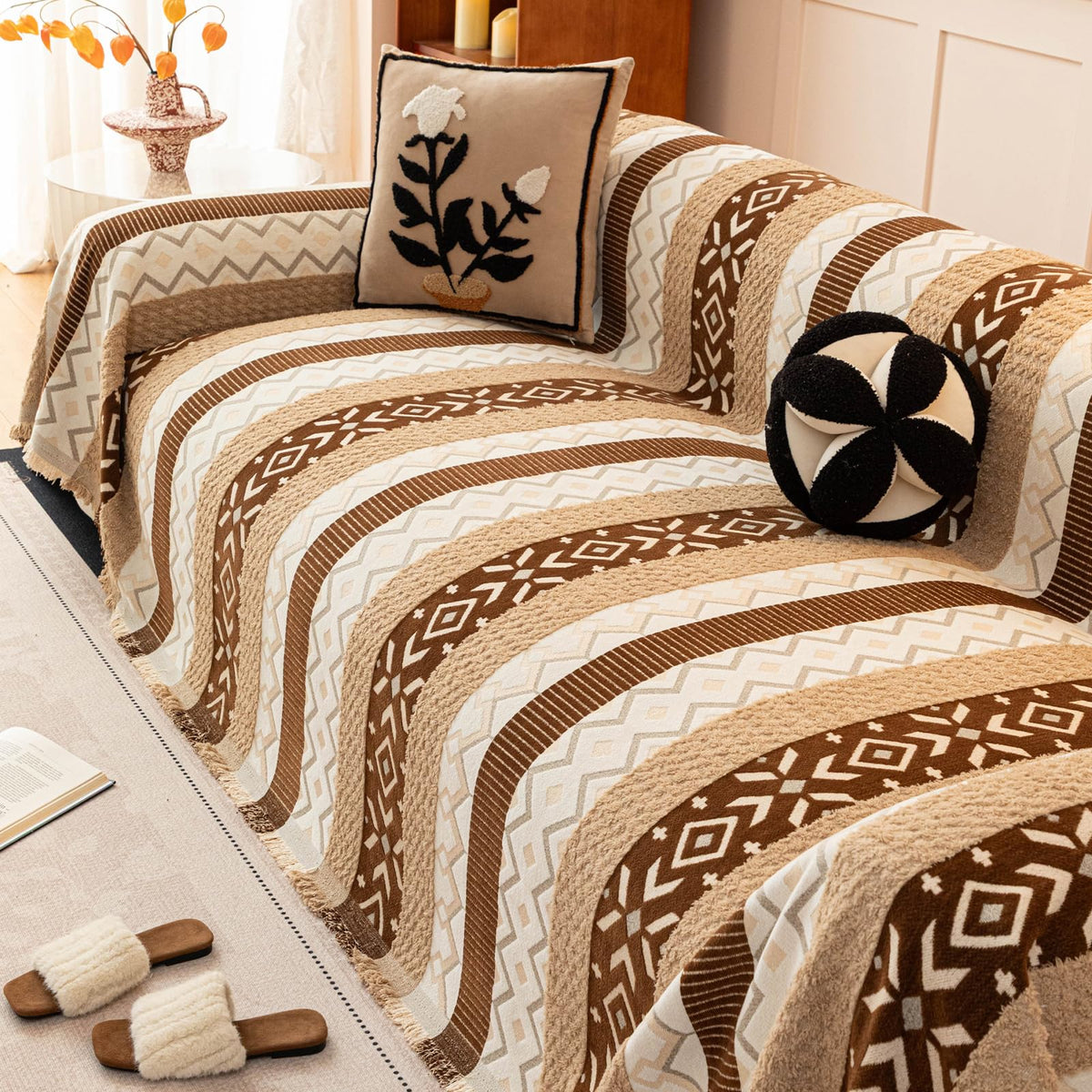 HANDONTIME Green Sofa Cover Vintage Couch Cover for Dogs 71" X118" Couch Cushion Covers with Tassel Herringbone Sofa Cover Boho Sofa Covers for 3 Cushion Couch Chenille Soft Loveseat Sofa Covers