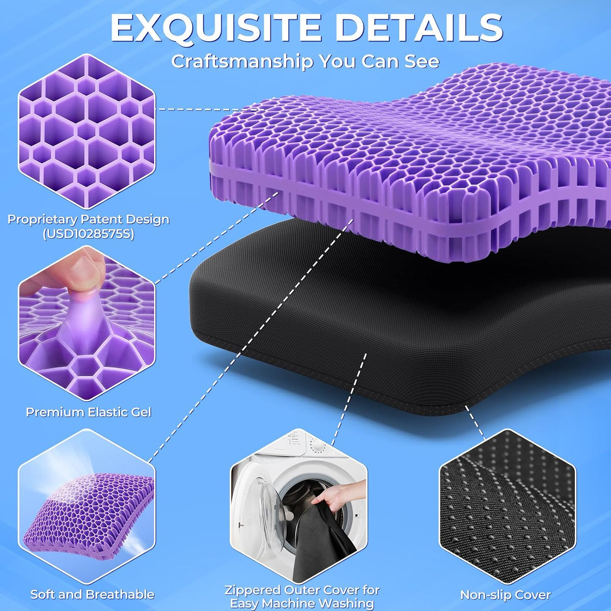 TushGuard Gel Seat Cushion for Long Sitting, Breathable Thick Patent Design