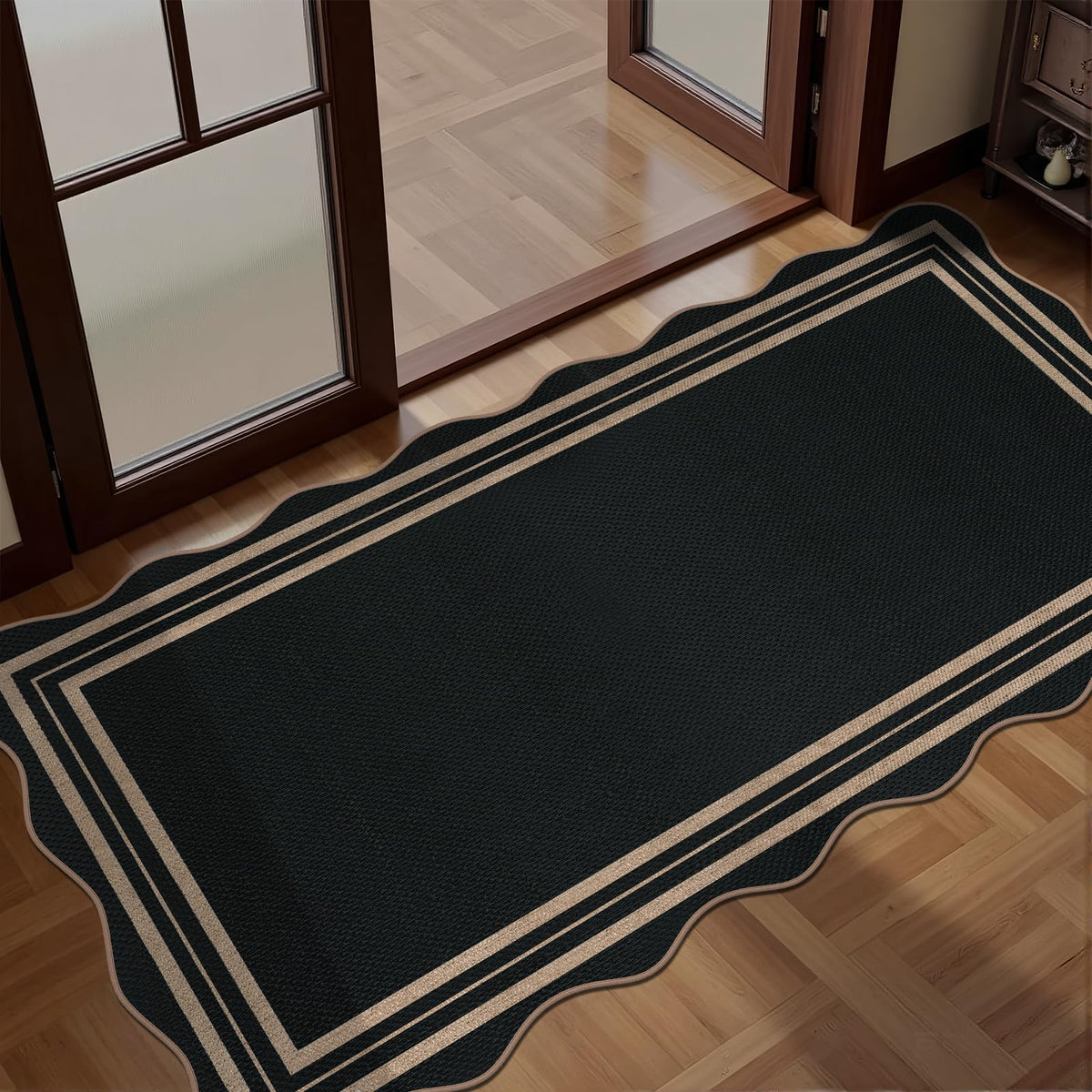 Easy Jute Black Entryway Rug, 2x3 Front Door Mat Washable Non Slip Small Kitchen Rug, Indoor Outdoor Farmhouse Scalloped Doormat for Porch Bathroom Doorway