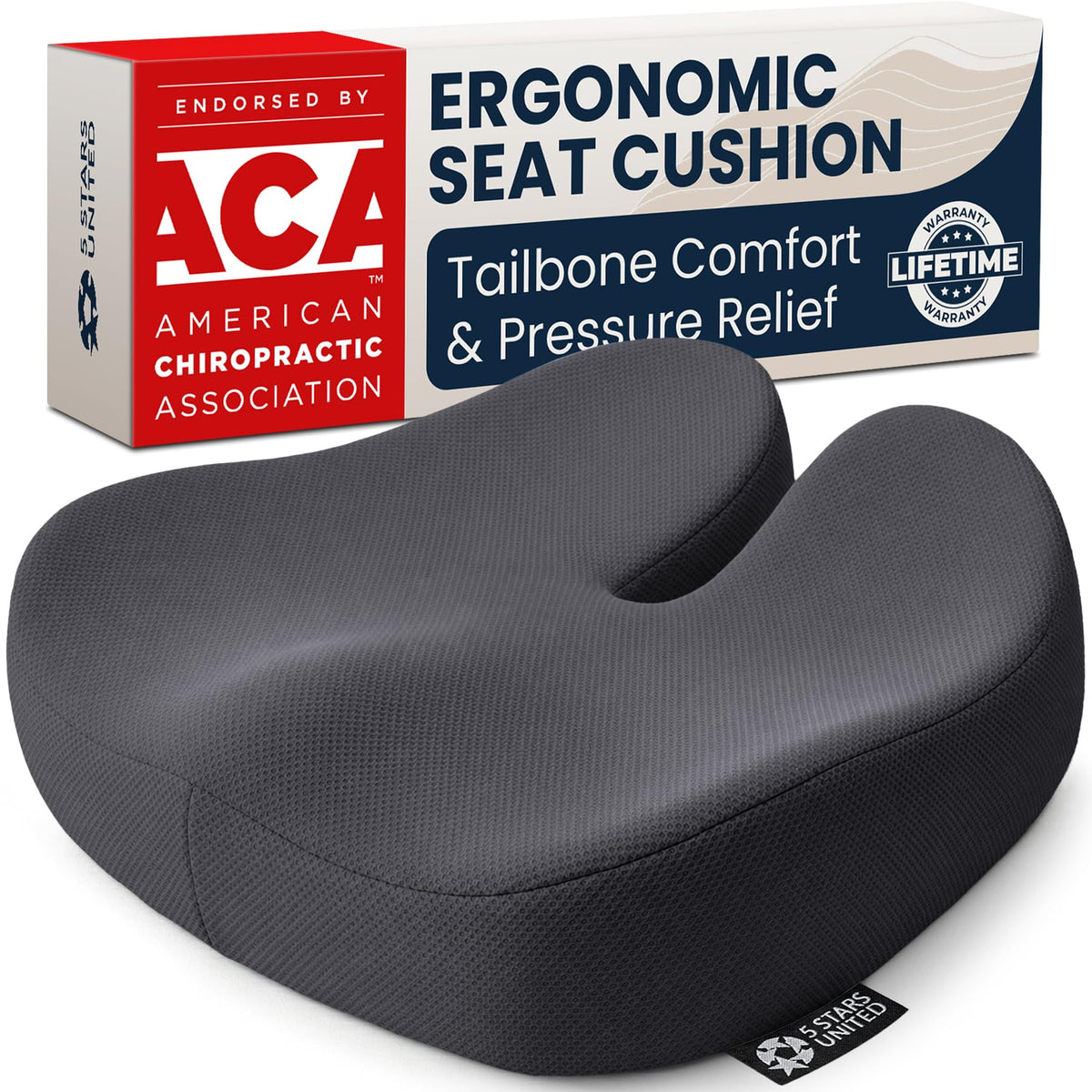 5 STARS UNITED Seat Cushion - Memory Foam Chair Pad for Tailbone Pain Relief - Ergonomic Support for Coccyx, Sciatica & Butt - Office, Desk & Gaming Chair, Car Seat, Wheelchair, Airplane, Black