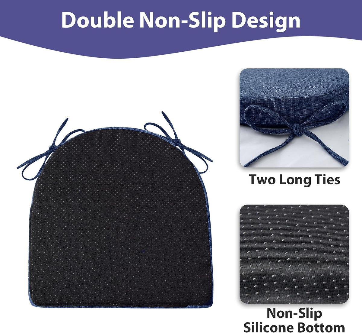IPYNBAP Chair Cushions for Dining Chairs, Kitchen Chair Cushions, 16'' x 16'' x 2'', Non Slip Indoor Seat Cushions, Chair Pads for Dining Chairs with Ties & Removable Cover, Set of 4, Navy
