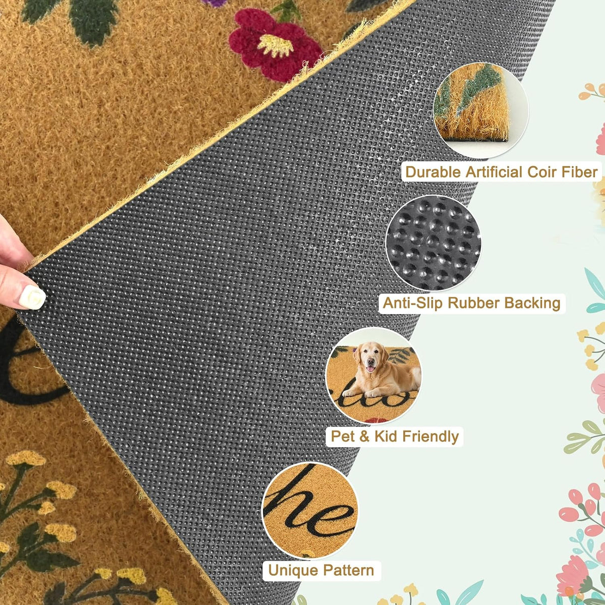 Floral Front Door Mat Outside Non-Slip Welcome Doormat, 17x29 in