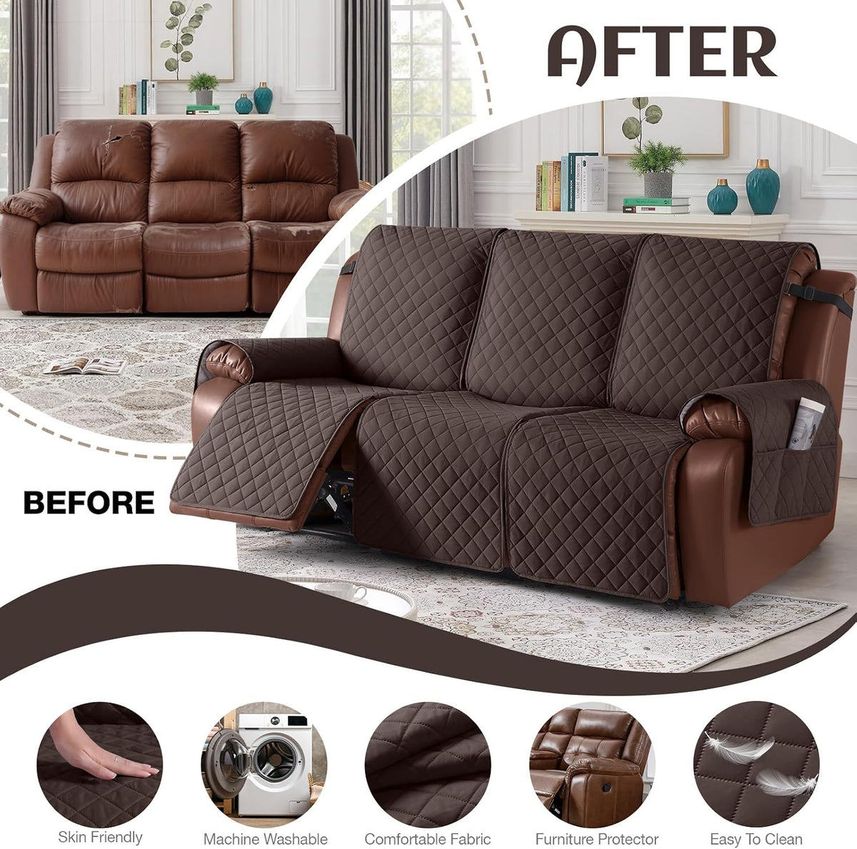 KinCam Waterproof Recliner Sofa Covers Washable, 3 Seater, Chocolate