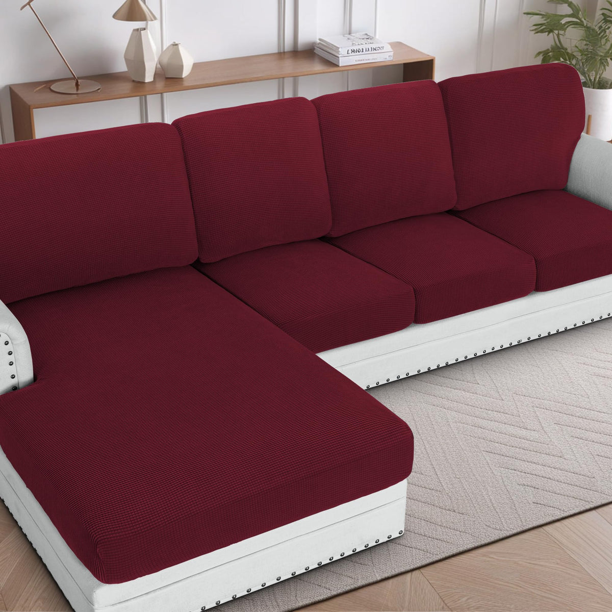 H.VERSAILTEX Sectional Couch Covers 8 Pieces Stretch Sofa Covers for Sectional Sofa Set Separate L Shaped Couch Cover for Both Left/Right Couch (Seat and Back: 1 Chaise + 3 Sofa, Ivory)