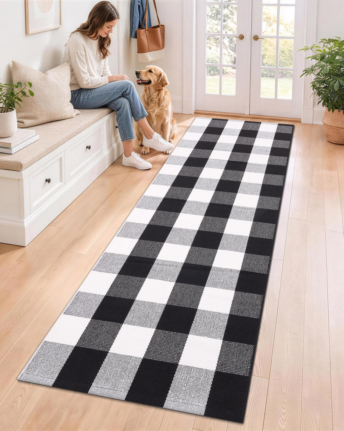 Smiry Black and White Striped Entryway Rug, Front Door Mat and Porch Decor