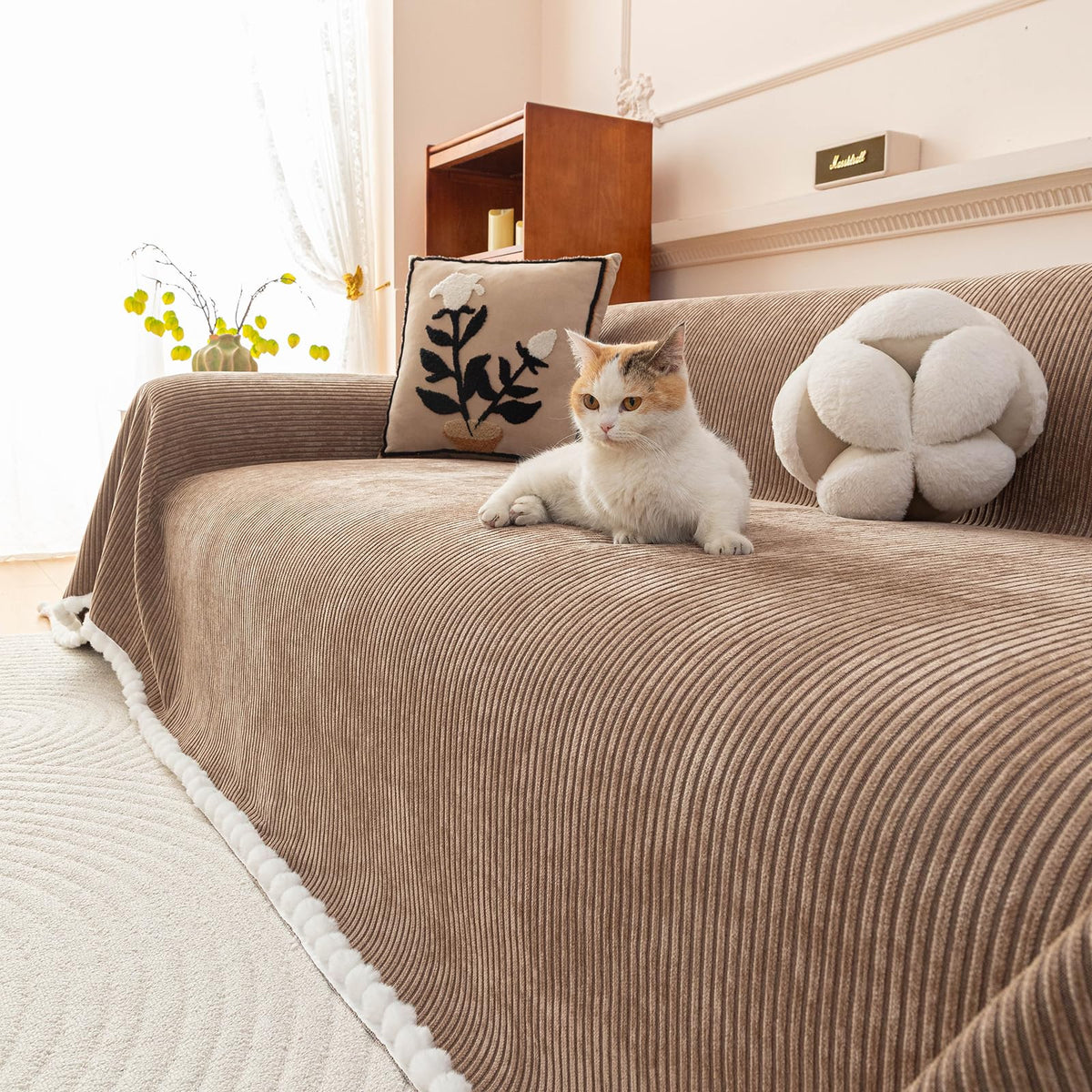 ROOMLIFE Thicked Striped Couch Cover with Tassel Blue Chenille Sofa Cover Blanket for Sectional Sofa, Soft Sofa Slipcovers for L Shaped Love Seat 2-3 Cushion Couch Anti Slip Sofa Protector, 71"x118"