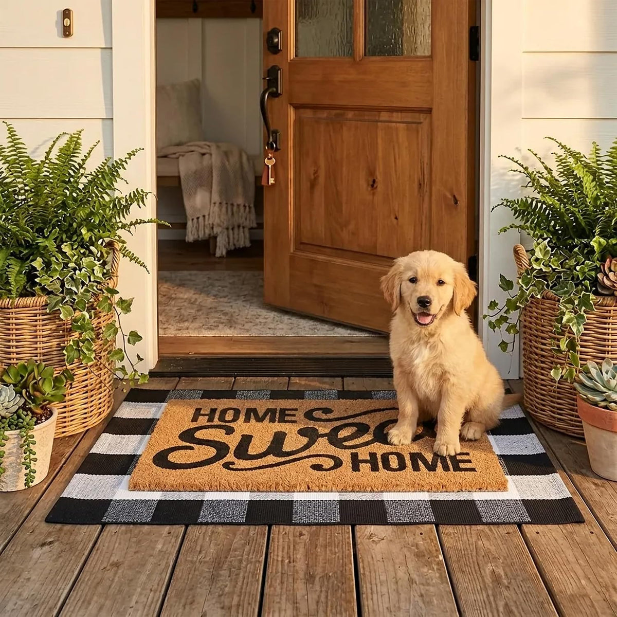 Home Sweet Home Doormat Set, 2-Piece Layered Front Porch Mat Combo, Natural Coir Welcome Mat with Black and White Buffalo Plaid Rug, Farmhouse Outdoor Entryway Decor for Porch, Patio, Home