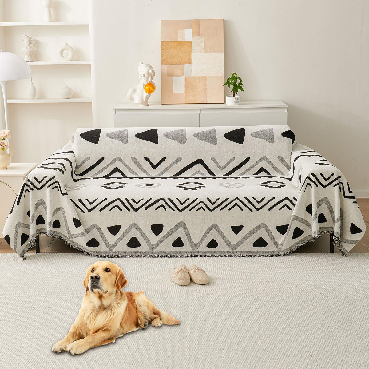 HAOMAIJIA Non Slip couch cover sofa covers for 3 cushion couch Washable sectional couch covers for Dogs pet Furniture Protector Couch Cover Blanket for Living Room (Off white, 91"x150")