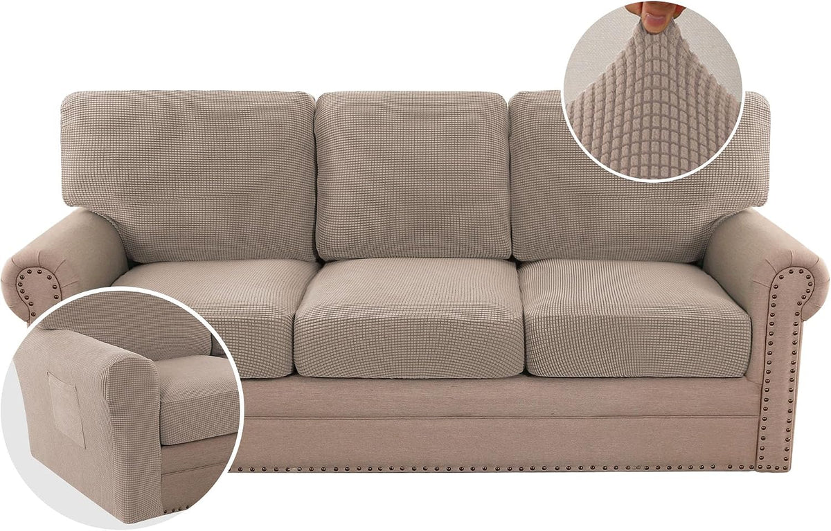 H.VERSAILTEX Multi-Pieces Sofa Covers Stretch Couch Covers Form Fitted Seats and Back Cushions Covers (3 Seat Covers Plus 3 Back Cusion Covers, Bonus 2 Armrest Covers), Sand