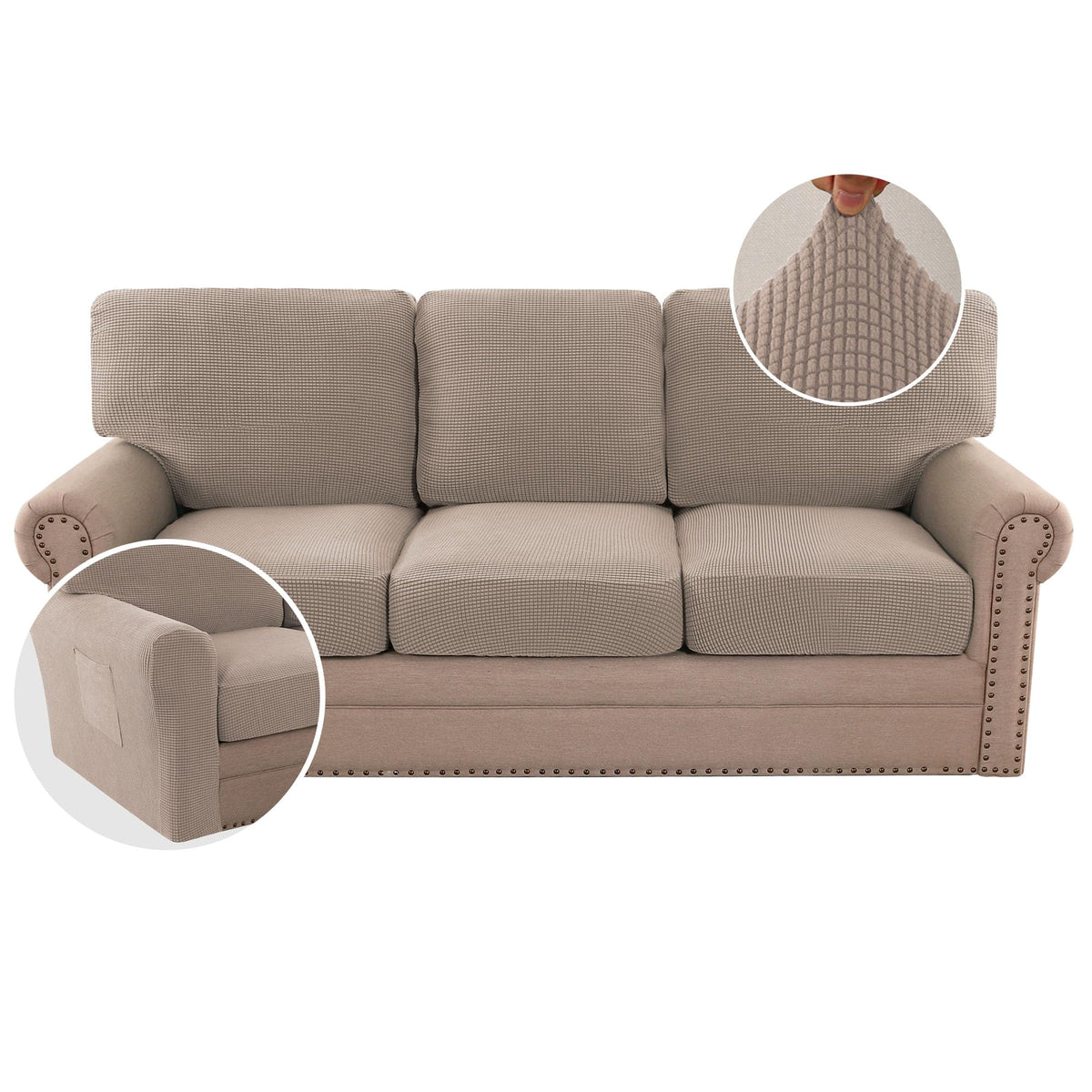 H.VERSAILTEX Multi-Pieces Sofa Covers Stretch Couch Covers Form Fitted Seats and Back Cushions Covers (3 Seat Covers Plus 3 Back Cusion Covers, Bonus 2 Armrest Covers), Sand