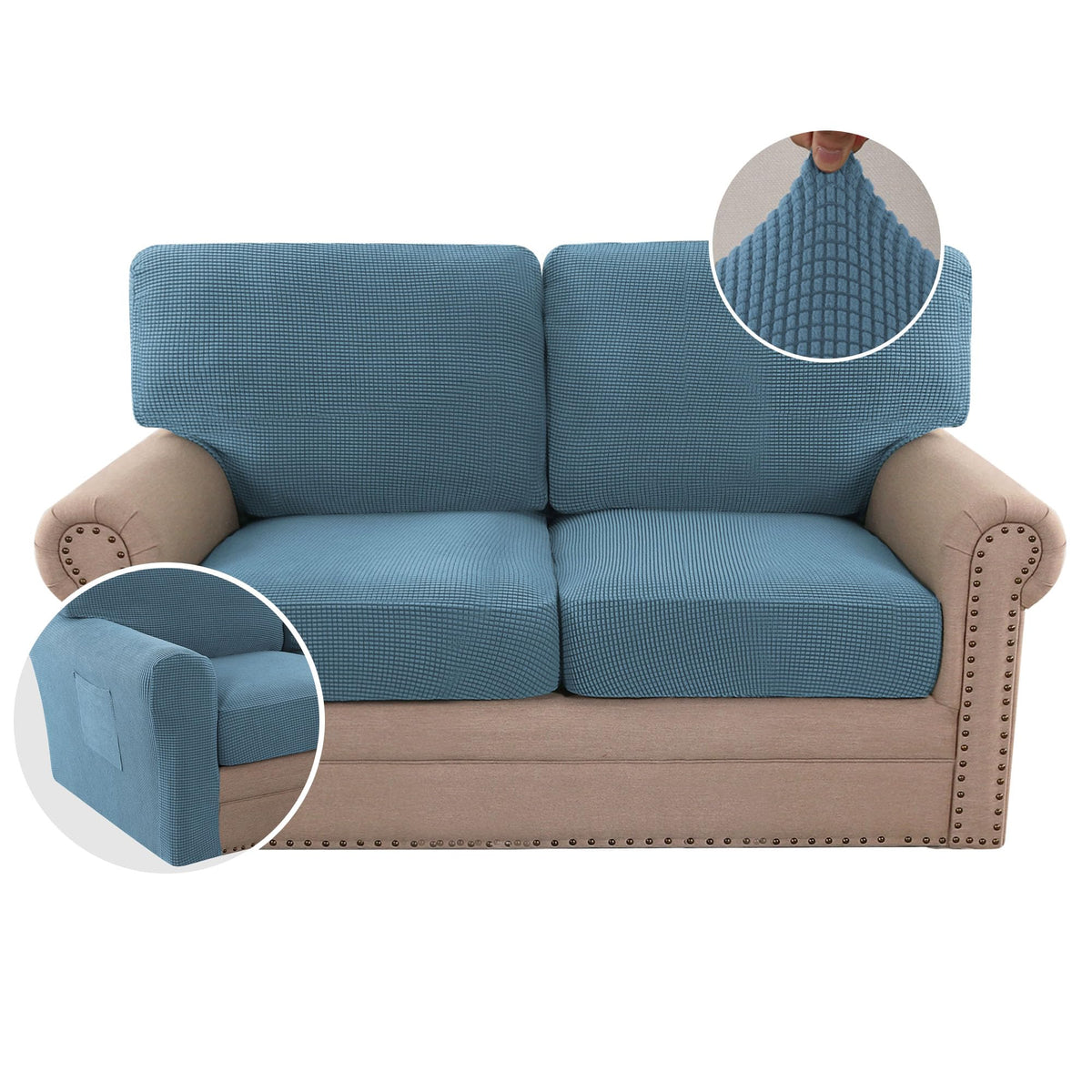 H.VERSAILTEX Multi-Pieces Sofa Covers Stretch Couch Covers Form Fitted Seats and Back Cushions Covers (3 Seat Covers Plus 3 Back Cusion Covers, Bonus 2 Armrest Covers), Sand