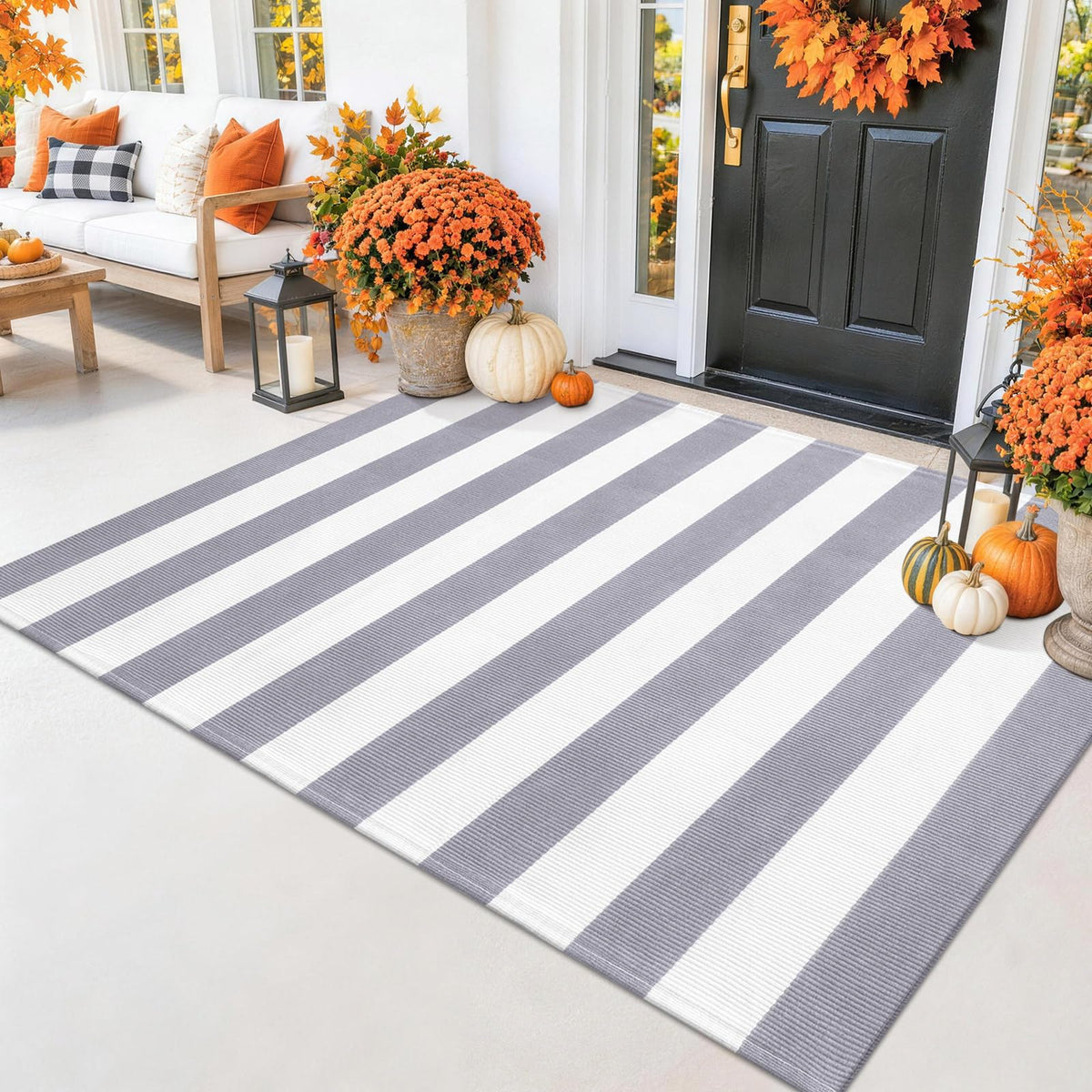 Smiry Black and White Striped Entryway Rug, Front Door Mat and Porch Decor
