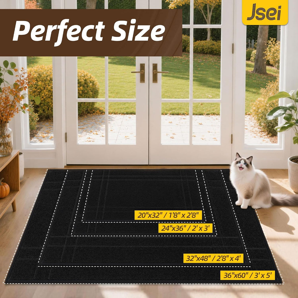 JSEI Door Mat for Entrance 20"x32", Dirt Trapper Doormat, Black