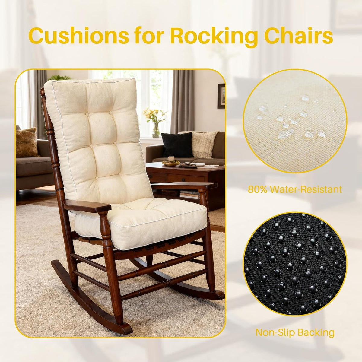 YZ HOME Rocking Chair Cushion,Set of Thicken Seat & Back Chair Cushions with Memory Foam,Non-Slip Chair Pad with Ties for for Indoor&Outdoor Rocker,Beige,22x17x5/17x17x5