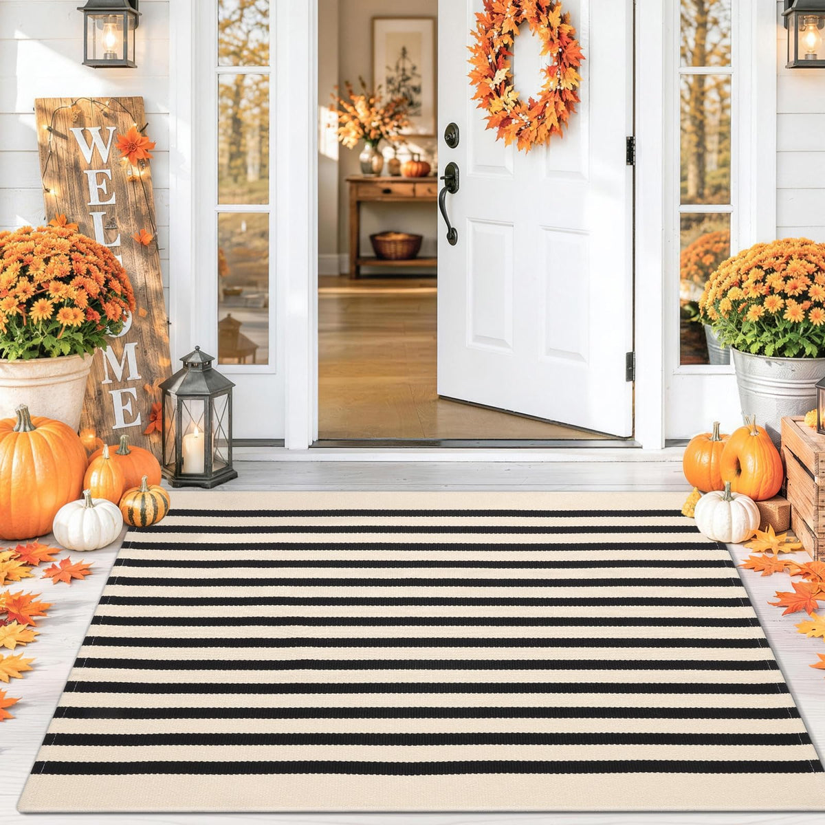 Smiry Black and White Striped Entryway Rug, Front Door Mat and Porch Decor