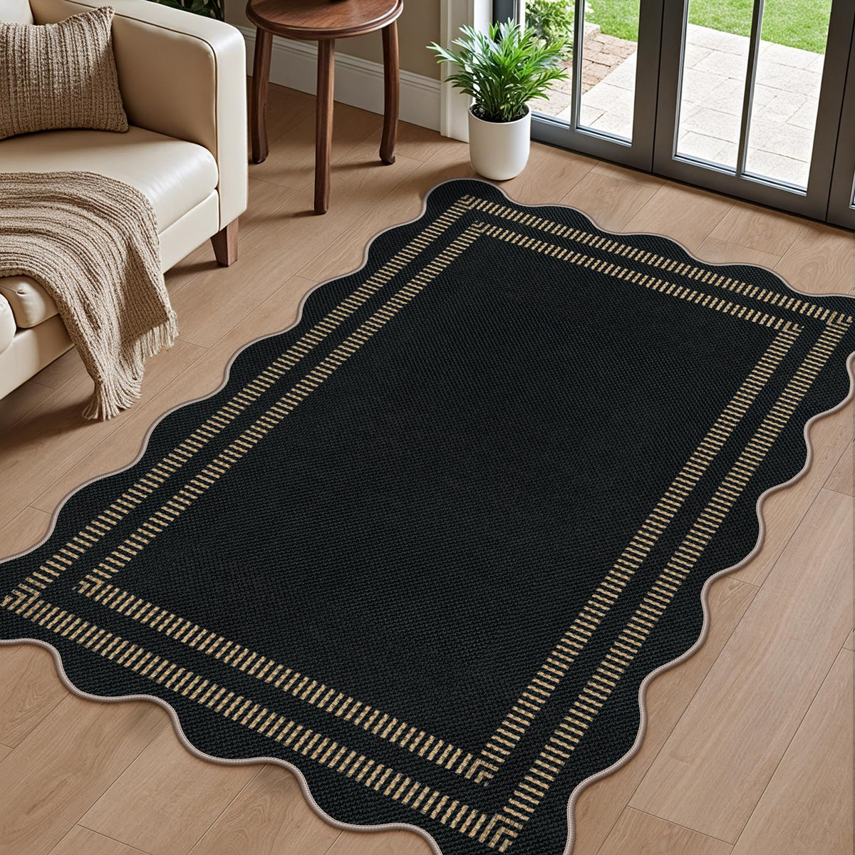 Easy Jute Black Entryway Rug, 2x3 Front Door Mat Washable Non Slip Small Kitchen Rug, Indoor Outdoor Farmhouse Scalloped Doormat for Porch Bathroom Doorway