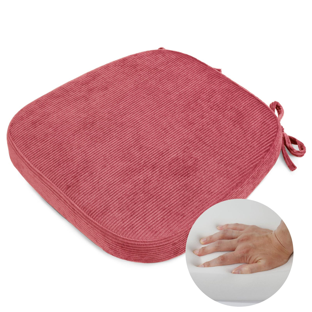 2.5" Thick Chair Cushions for Dining Chair, Corduroy High Density Foam Kitchen Chair Pads, U Shaped Indoor Seat Cushions with Ties & Non-Slip Backing, Washable Cover, 17''x16.5'', Pink