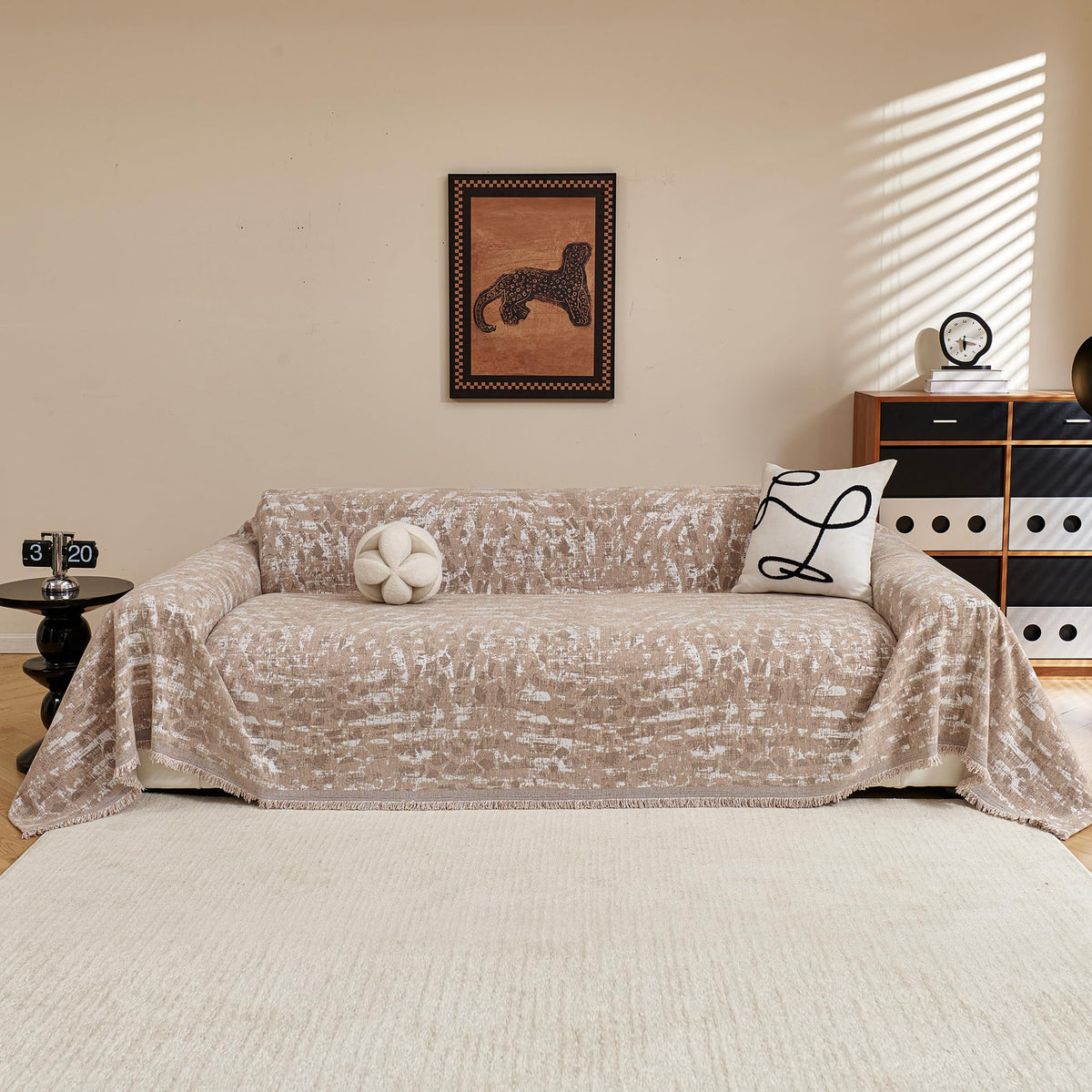 MYSKY HOME Boho Couch Cover Beige Sofa Covers with White Tassel Farmhouse Sofa Slipcover Simple Couch Protector for Dogs Chenille Sectional Couch Covers L Shaped Couch Cushion Covers, 91"x 134"