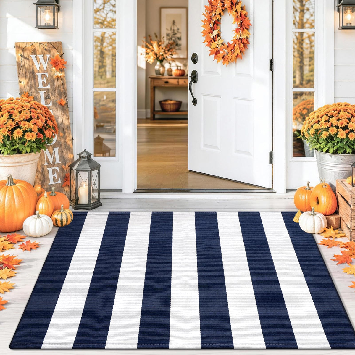 Smiry Black and White Striped Entryway Rug, Front Door Mat and Porch Decor
