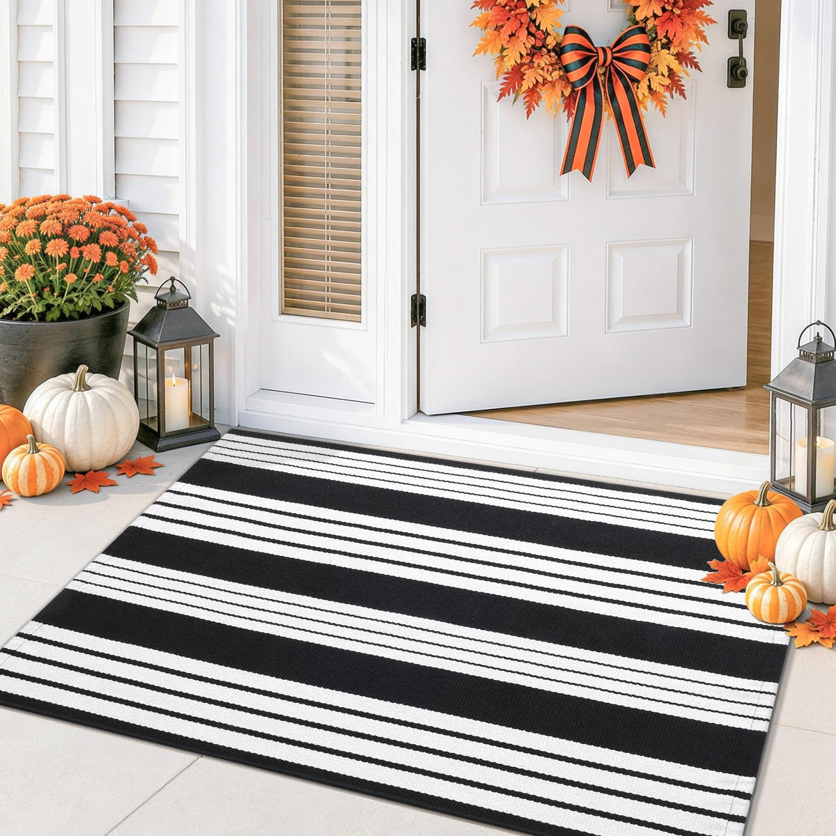 Smiry Black and White Striped Entryway Rug, Front Door Mat and Porch Decor