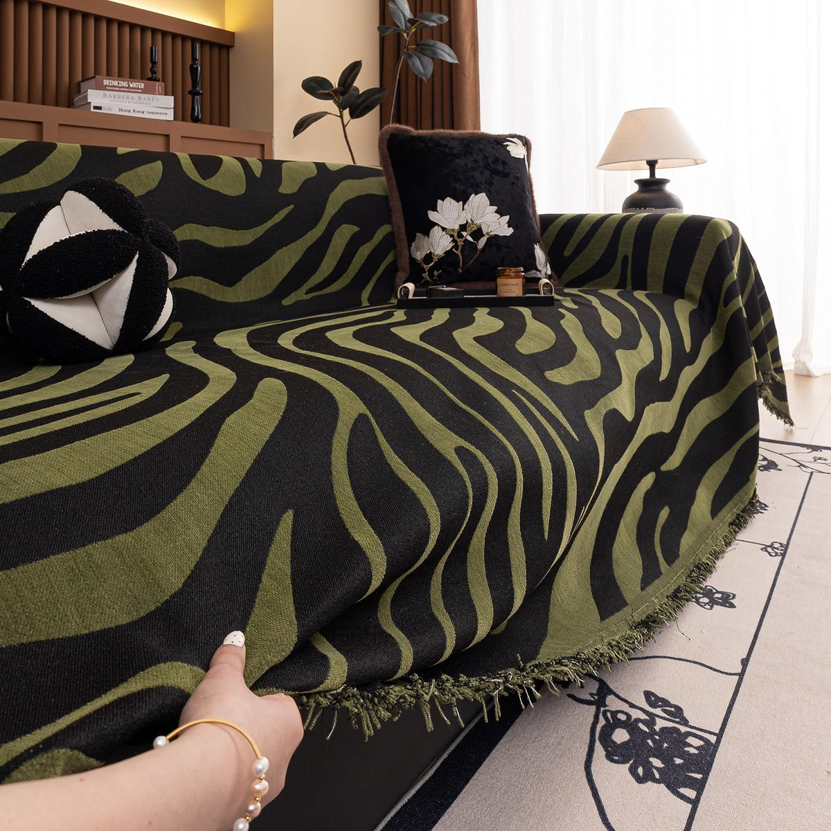 ROOMLIFE Thicked Striped Couch Cover with Tassel Blue Chenille Sofa Cover Blanket for Sectional Sofa, Soft Sofa Slipcovers for L Shaped Love Seat 2-3 Cushion Couch Anti Slip Sofa Protector, 71"x118"