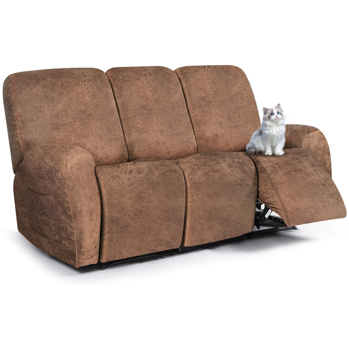 ANARACHON Leather Look Recliner Couch Cover, 8-Pieces Stretch Recliner Sofa Covers, Soft Reclining Slipcover, Washable Furniture Protector for Pets (3 Seater, Brown)