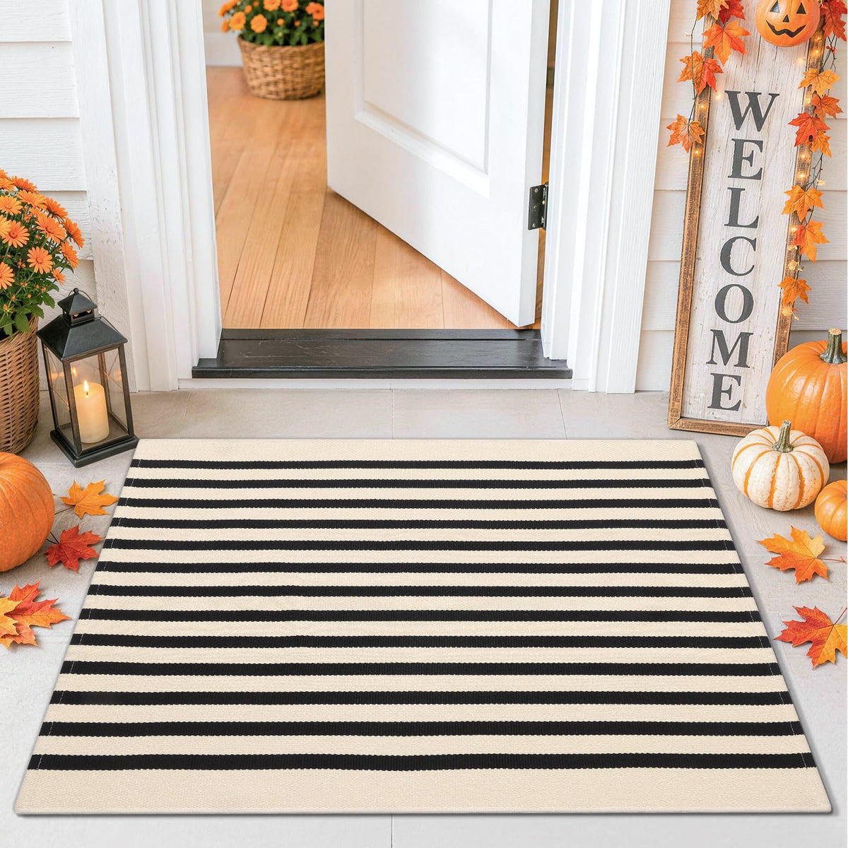 Smiry Black and White Striped Entryway Rug, Front Door Mat and Porch Decor