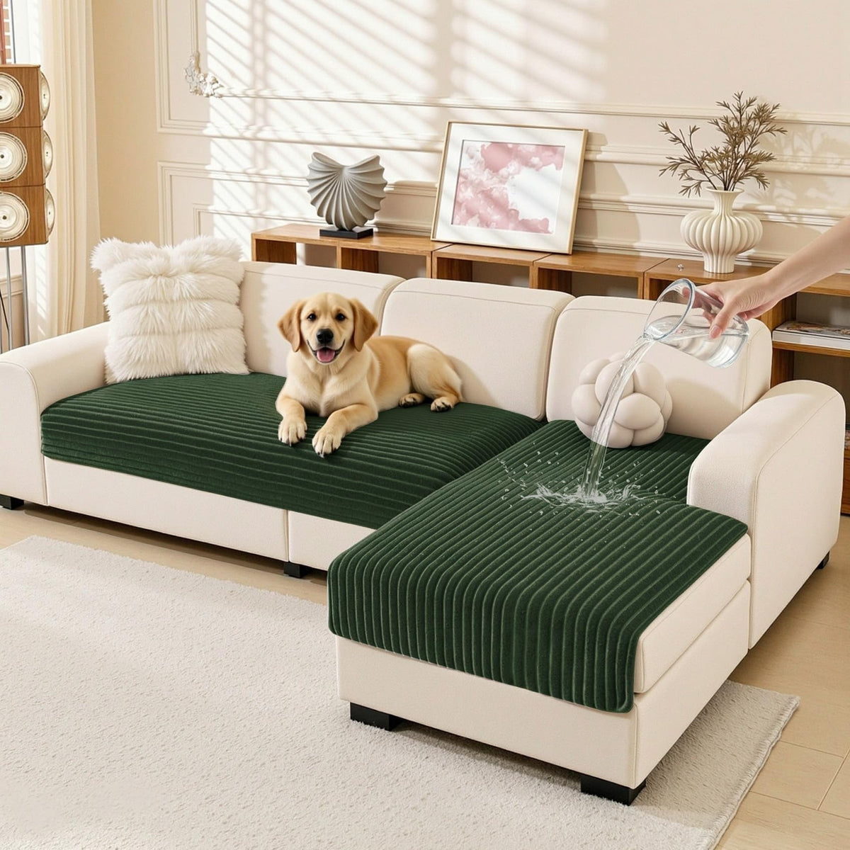 MEETSKY 100% Waterproof Couch Covers for Sectional Sofa, Non Slip Couch Cover for Dogs, 2 Pieces Pet Sofa Covers for 2 Cushion L Shape, Washable Soft Sofa Slipcover, Cream, Large, 35"x63"+35"x63"