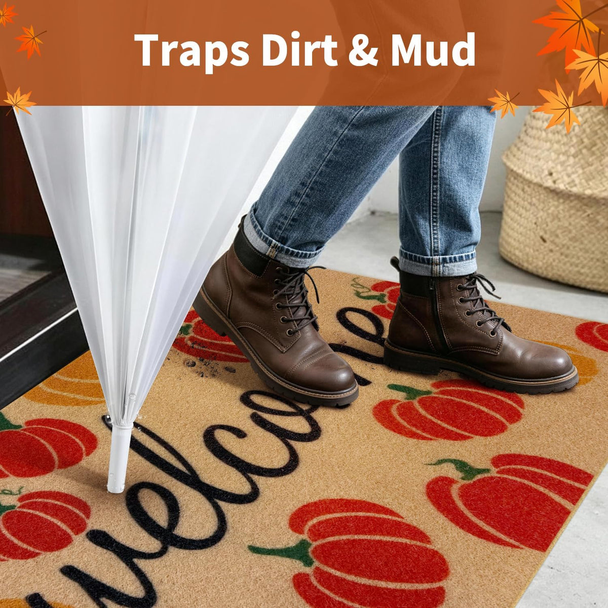 Fall Door Mat, Non Slip Front Porch Pumpkin Welcome Mat 17"x30"