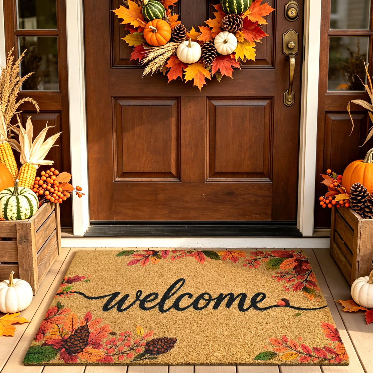 Floral Front Door Mat Outside Non-Slip Welcome Doormat, 17x29 in