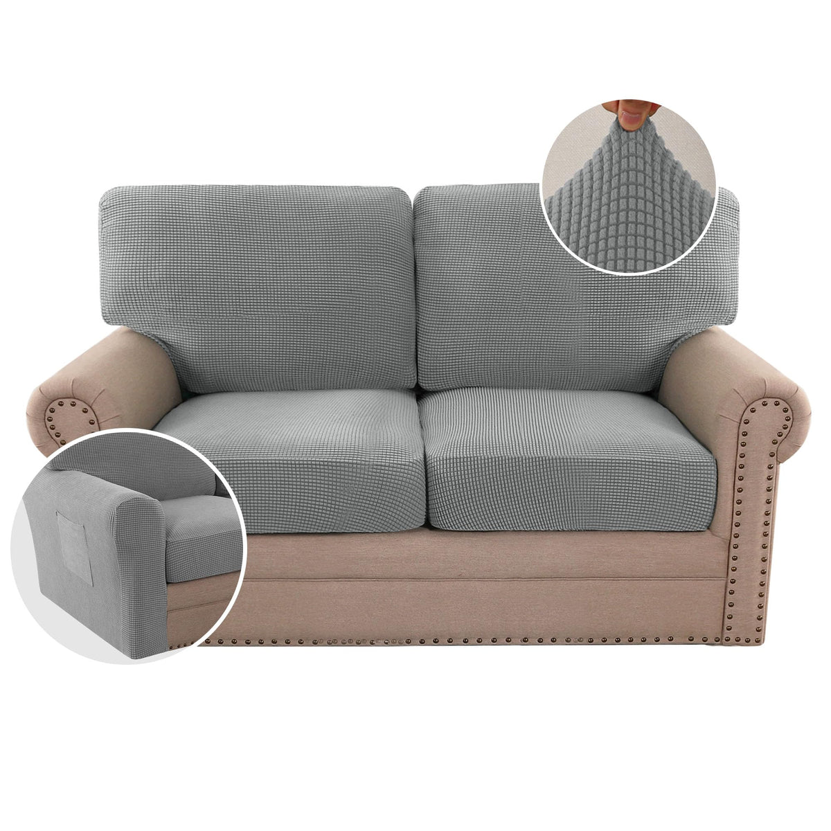 H.VERSAILTEX Multi-Pieces Sofa Covers Stretch Couch Covers Form Fitted Seats and Back Cushions Covers (3 Seat Covers Plus 3 Back Cusion Covers, Bonus 2 Armrest Covers), Sand