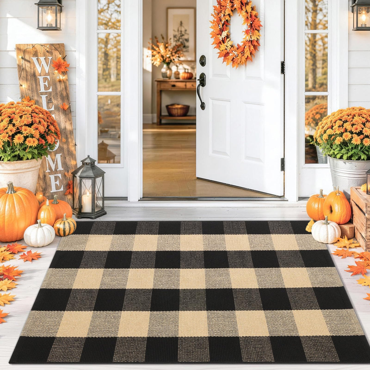 Smiry Black and White Striped Entryway Rug, Front Door Mat and Porch Decor