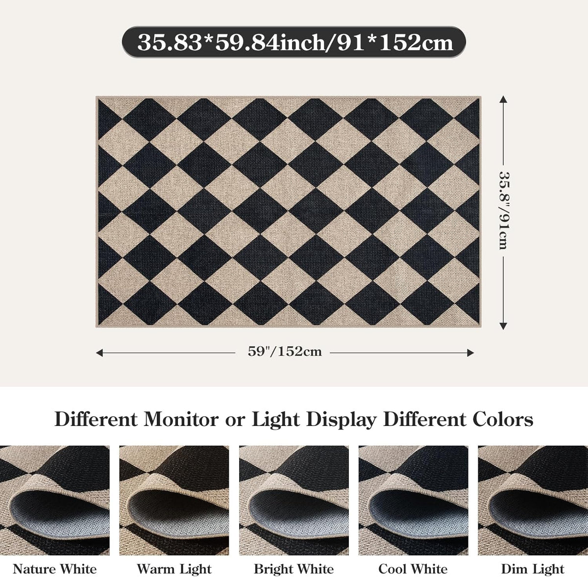Lahome Checkered Easy Jute 3x5 Entryway Front Porch Rug, Black Diamond Indoor Outdoor Patio Layering Rug, Washable Farmhouse Neutral Non Slip Non Shedding Door Carpet for Backyard Blacony