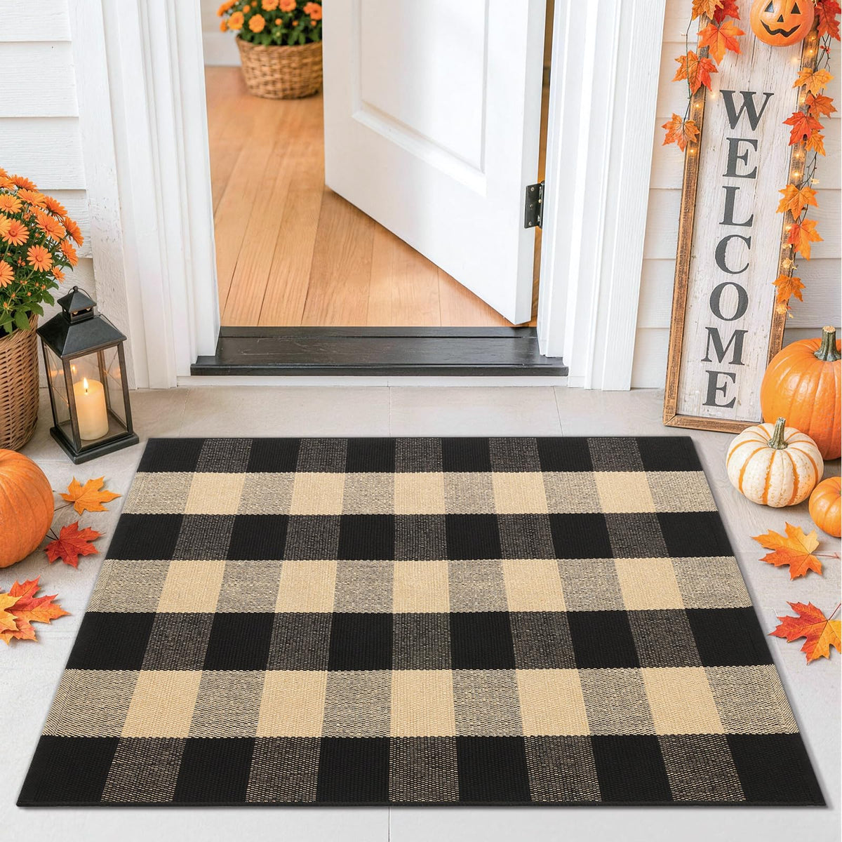 Smiry Black and White Striped Entryway Rug, Front Door Mat and Porch Decor