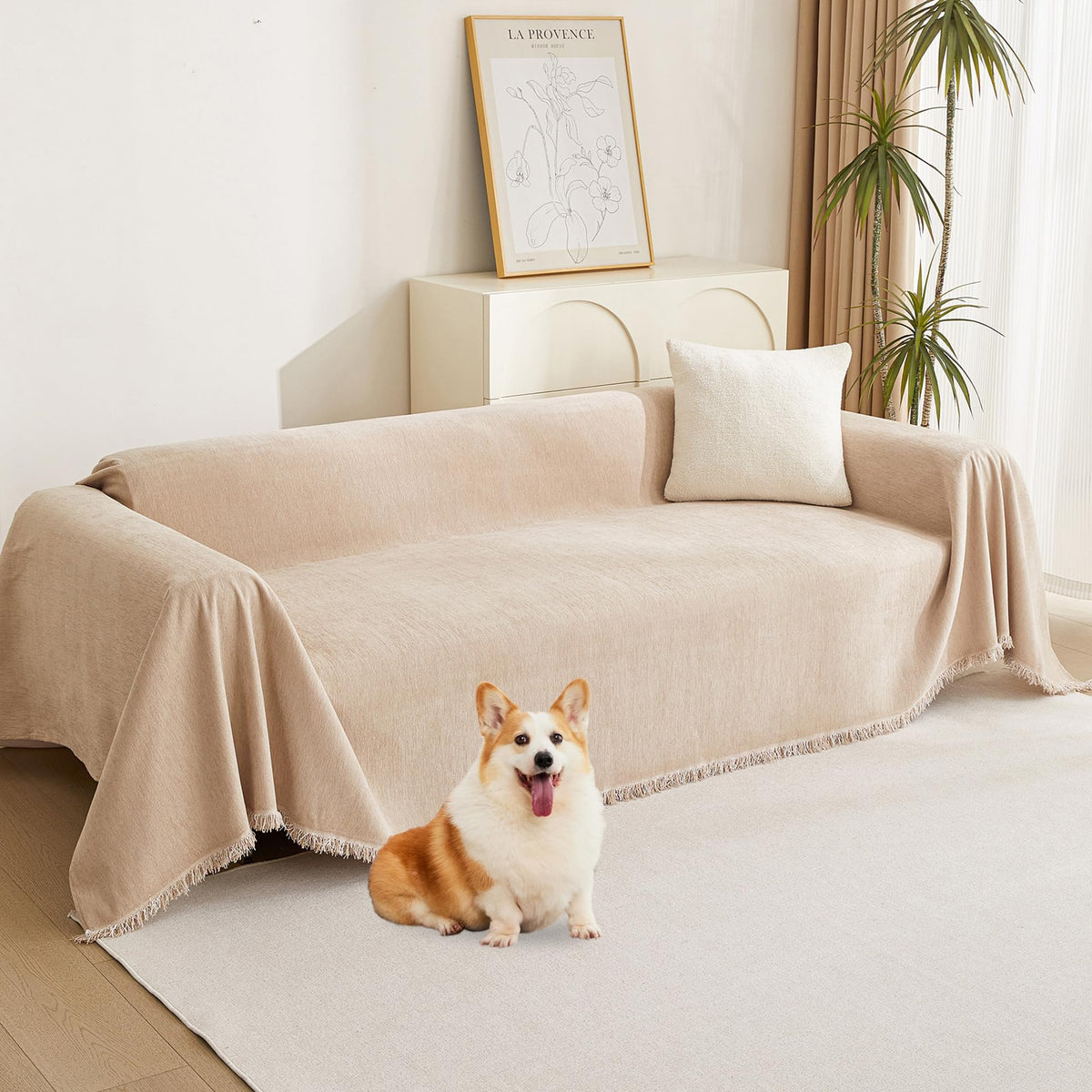 MYSKY HOME Boho Couch Cover Beige Sofa Covers with White Tassel Farmhouse Sofa Slipcover Simple Couch Protector for Dogs Chenille Sectional Couch Covers L Shaped Couch Cushion Covers, 91"x 134"
