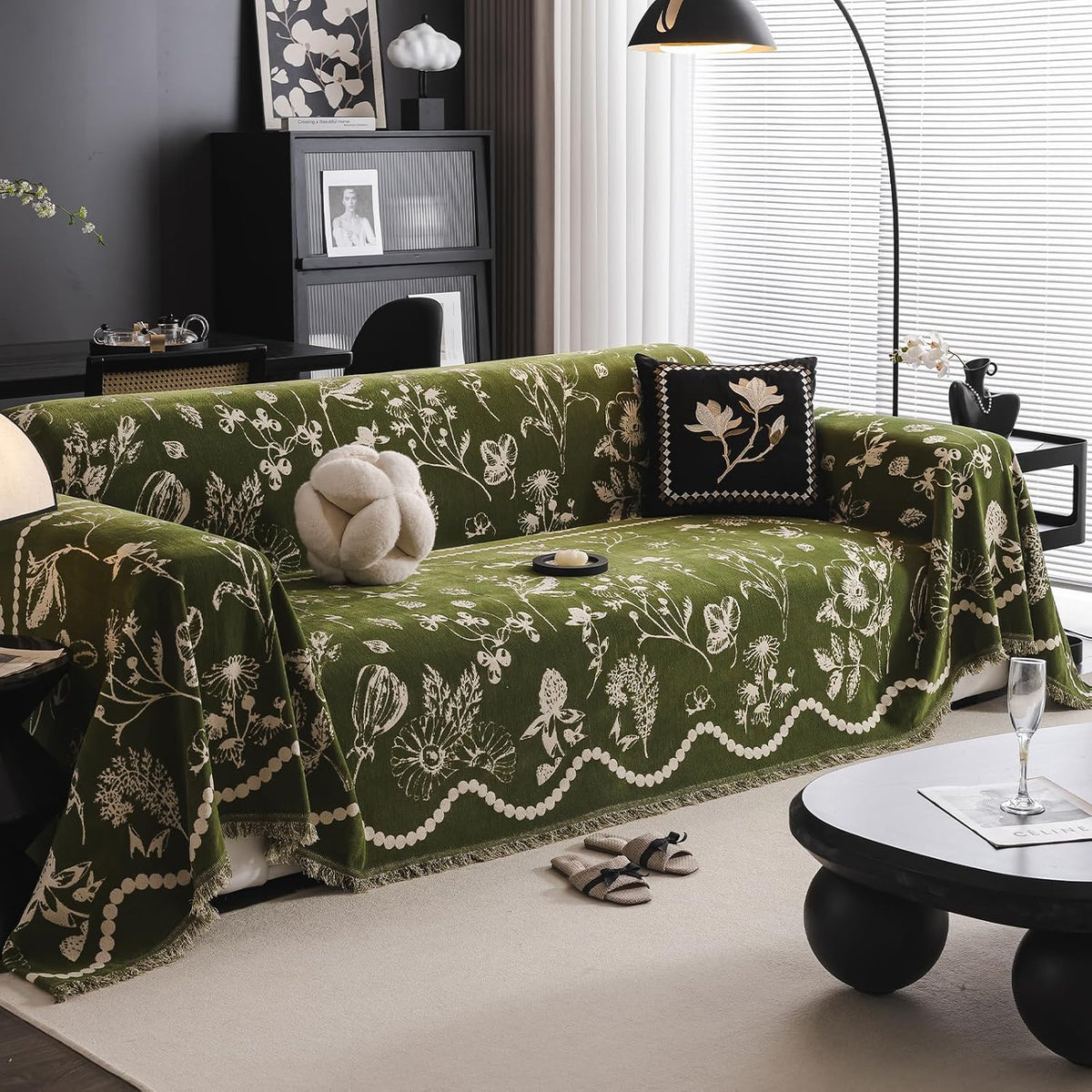 DREAMINGO Green Floral Couch Cover Farmhouse Botanical Jacquard Sofa Covers for 3 Cushion Couch Cozy Chenille Living Room Furniture Futon Sectional Sofa Slipcovers Washable, X-Large 71"x134"