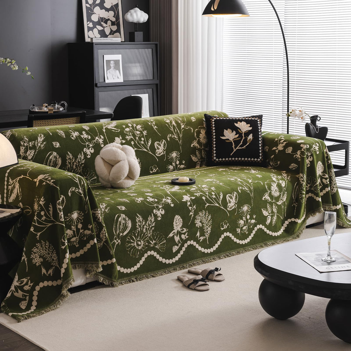 DREAMINGO Green Floral Couch Cover Farmhouse Botanical Jacquard Sofa Covers for 3 Cushion Couch Cozy Chenille Living Room Furniture Futon Sectional Sofa Slipcovers Washable, X-Large 71"x134"