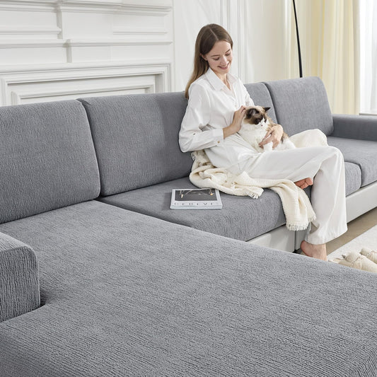 Couch Cushion Covers Sectional Couch Covers Stretch Washable Soft Seat Cushion Covers Furniture Protector Sofa Slipcovers for Pets(Light Grey,3 Pieces Seat Covers or Back Covers)