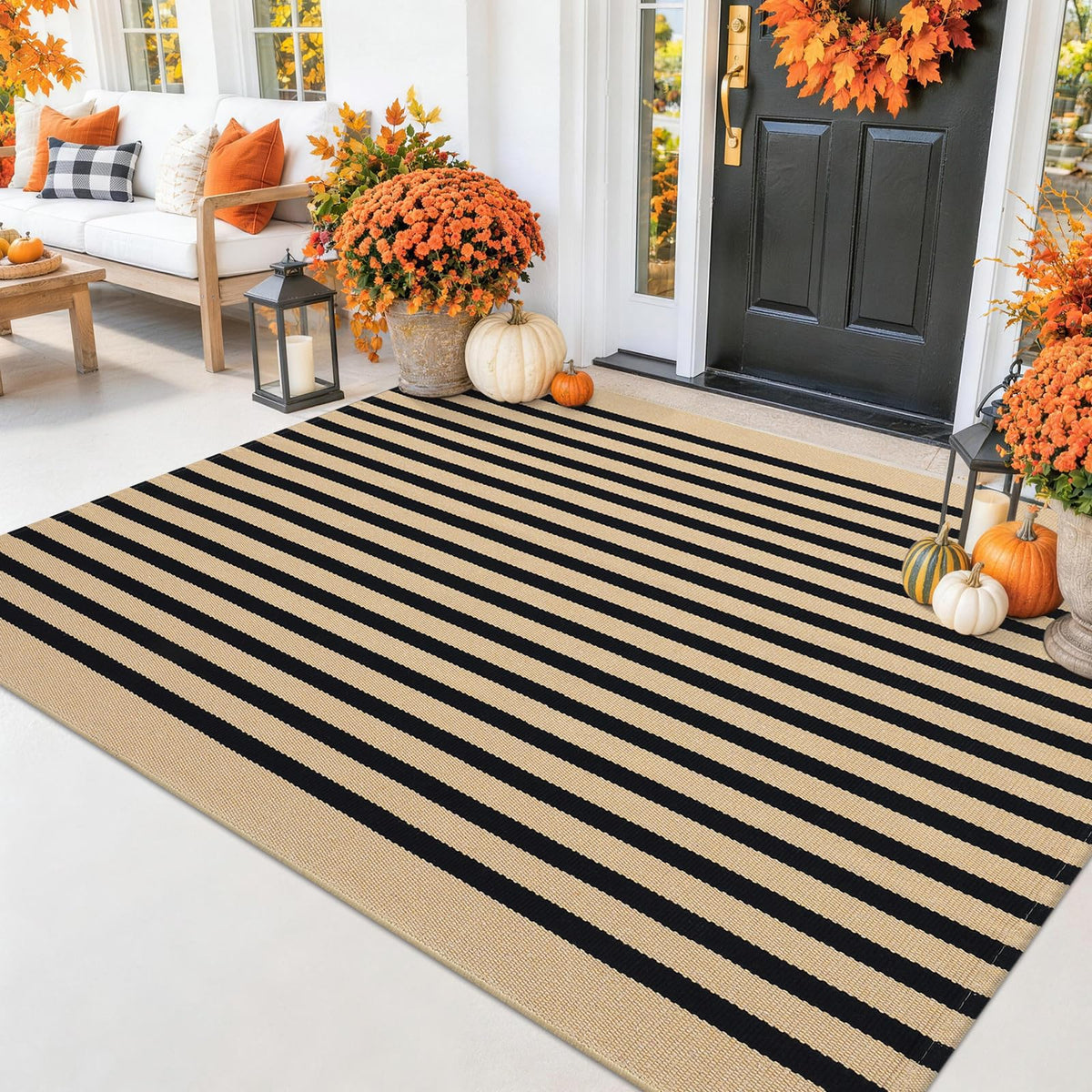 Smiry Black and White Striped Entryway Rug, Front Door Mat and Porch Decor