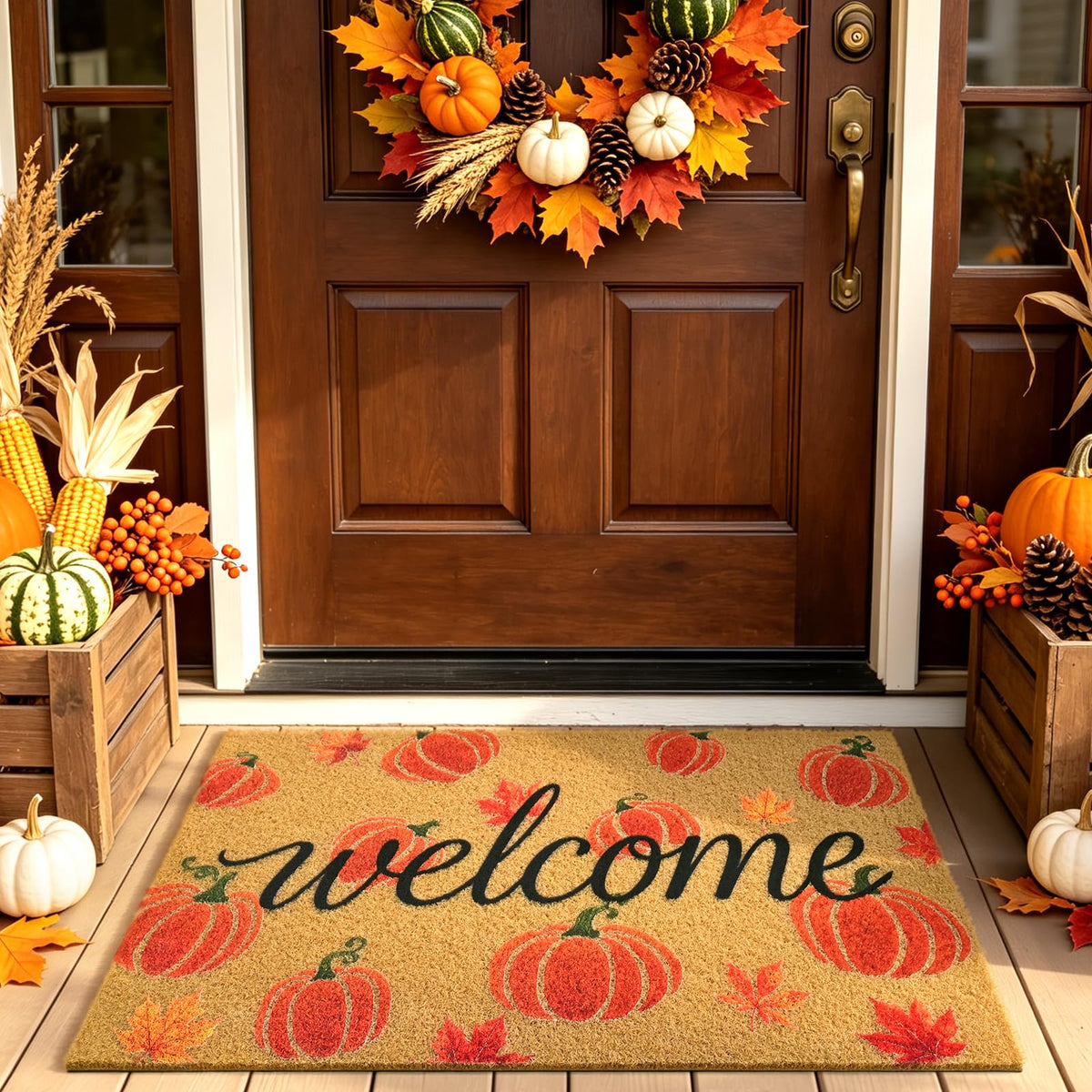 Floral Front Door Mat Outside Non-Slip Welcome Doormat, 17x29 in